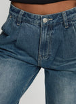 back view of model wearing Princess Polly Laguardia Wide Leg Jeans Dark Blue Wash Mid Rise 