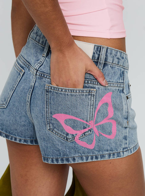 Fly Butterfly Mid Rise Denim Shorts Mid Blue Wash
