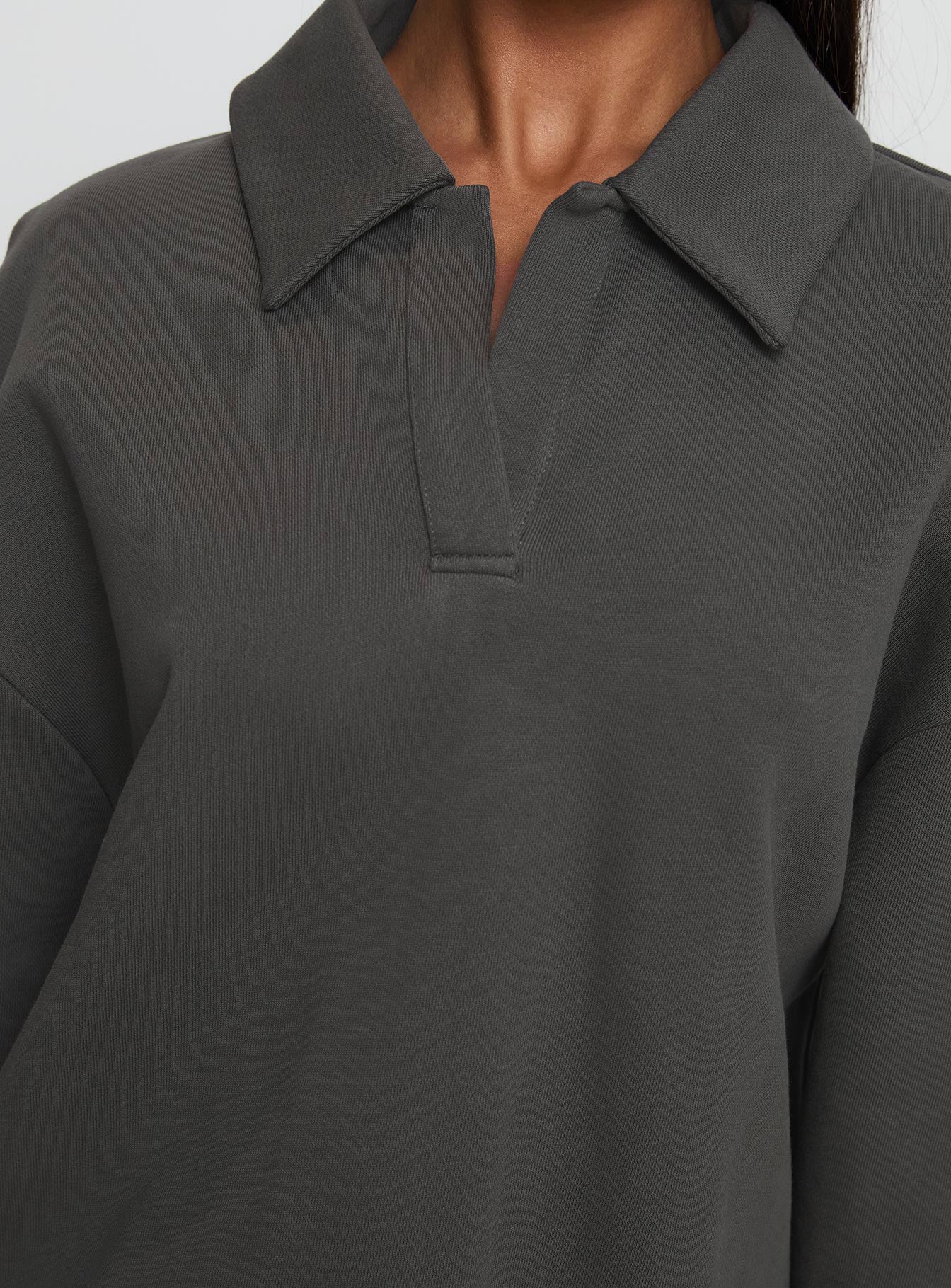 back view of model wearing Princess Polly Back Around Collared Fleece Jumper Slate 