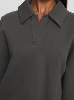 back view of model wearing Princess Polly Back Around Collared Fleece Jumper Slate 