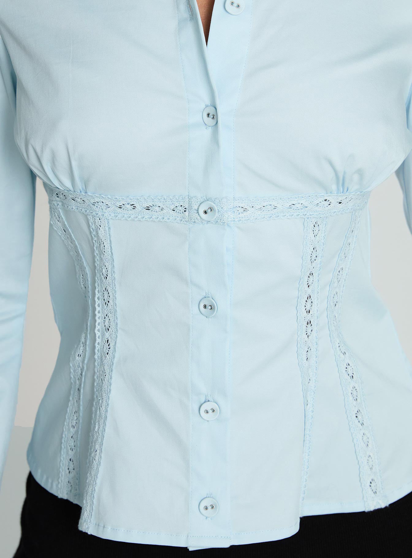 back view of model wearing Princess Polly Merritt Top Blue Full Sleeves V-Neck 