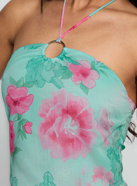 product Princess Polly Naturally Halter Ring Top Blue Multi Sleeveless Asymmetric Neckline 