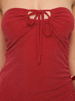 back view of model wearing Princess Polly Maple Syrup Strapless Mini Dress Red Straight Neck 