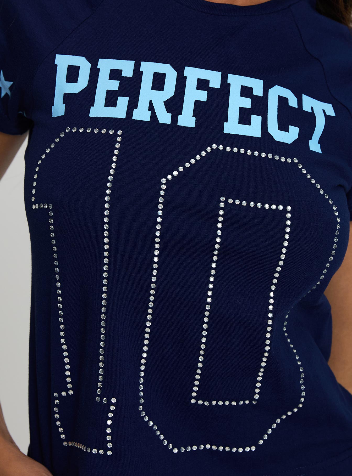 back view of model wearing Princess Polly Perfect 10 Graphic Top Blue Short Sleeves Crew Neck 