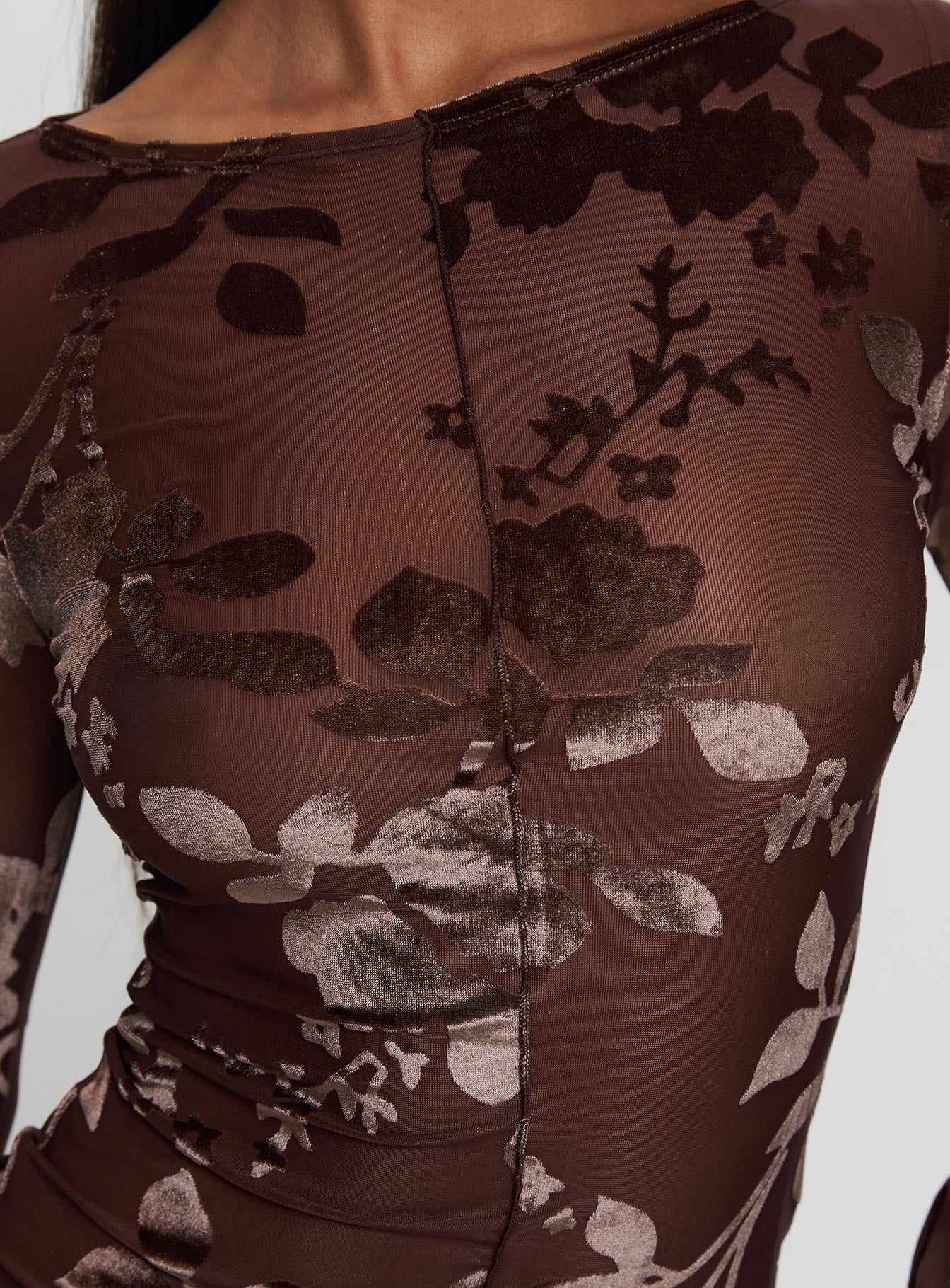 product Princess Polly Meant To Be Mesh Long Sleeve Top Brown Floral Full Sleeves Boat Neck 