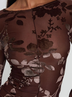 product Princess Polly Meant To Be Mesh Long Sleeve Top Brown Floral Full Sleeves Boat Neck 