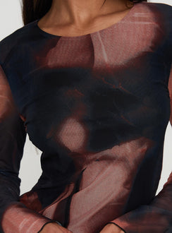 back view of model wearing Princess Polly Nyxia Long Sleeve Mini Dress Multi Scoop Neck 