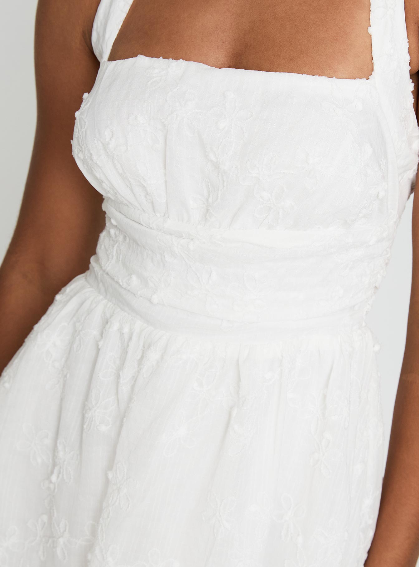 back view of model wearing Princess Polly Scarlytte Halter Mini Dress White Square Neck 