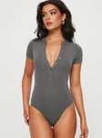 front view of model wearing Princess Polly Kandis Bodysuit Marle Grey Short Sleeves V-Neck 