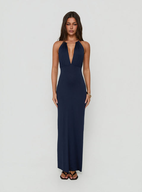 Dionira Plunge Halter Maxi Dress Navy