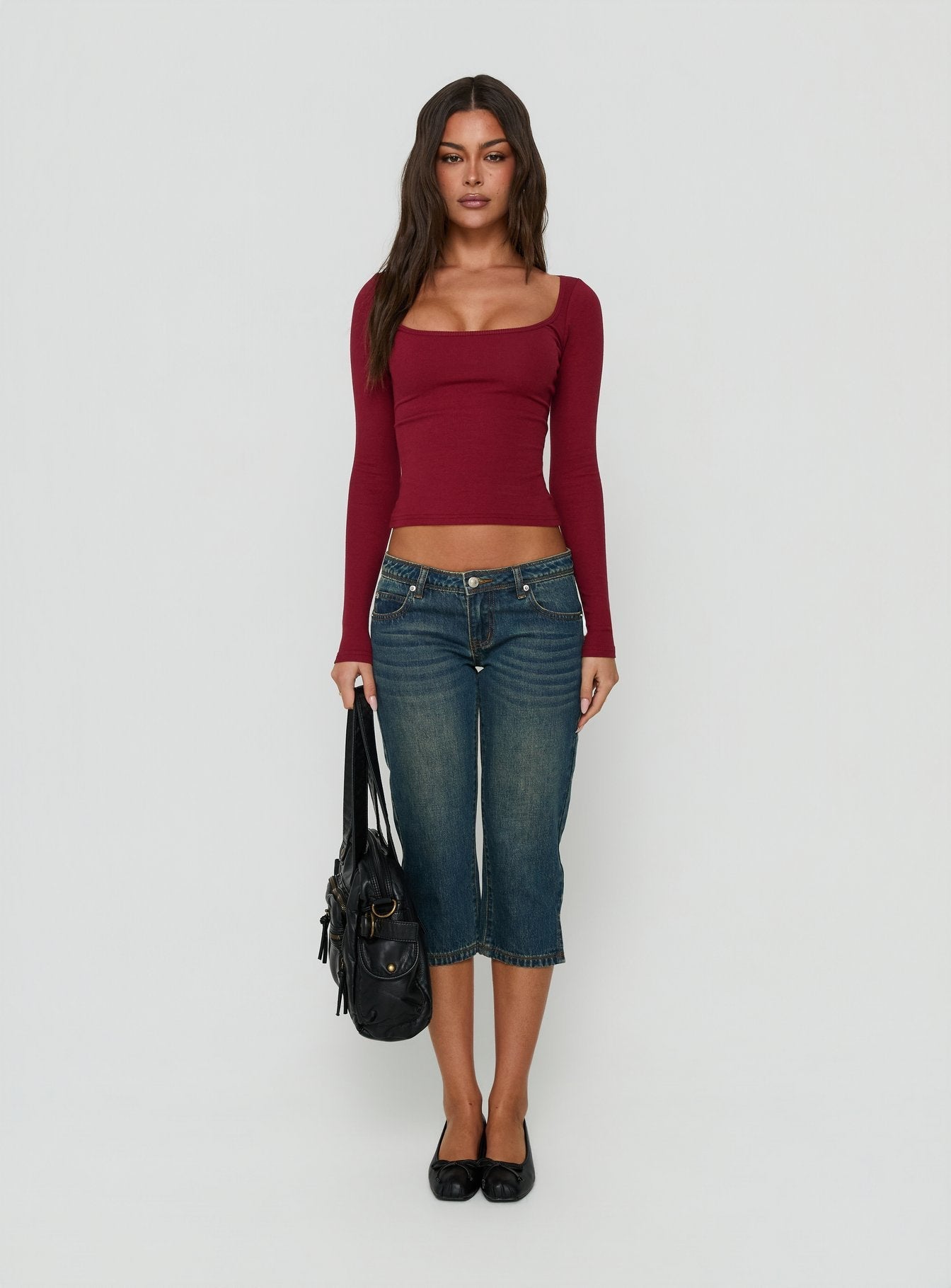 Baseline Rib Scoop Neck Long Sleeve Reversible Top Cherry Lacquer