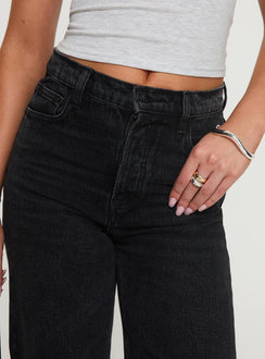 back view of model wearing Princess Polly Fawcett High Rise Straight Leg Jeans Washed Black High Rise Jeans 