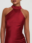 front view of model wearing Princess Polly Mordecai Halter Maxi Dress Burgundy High Neck 