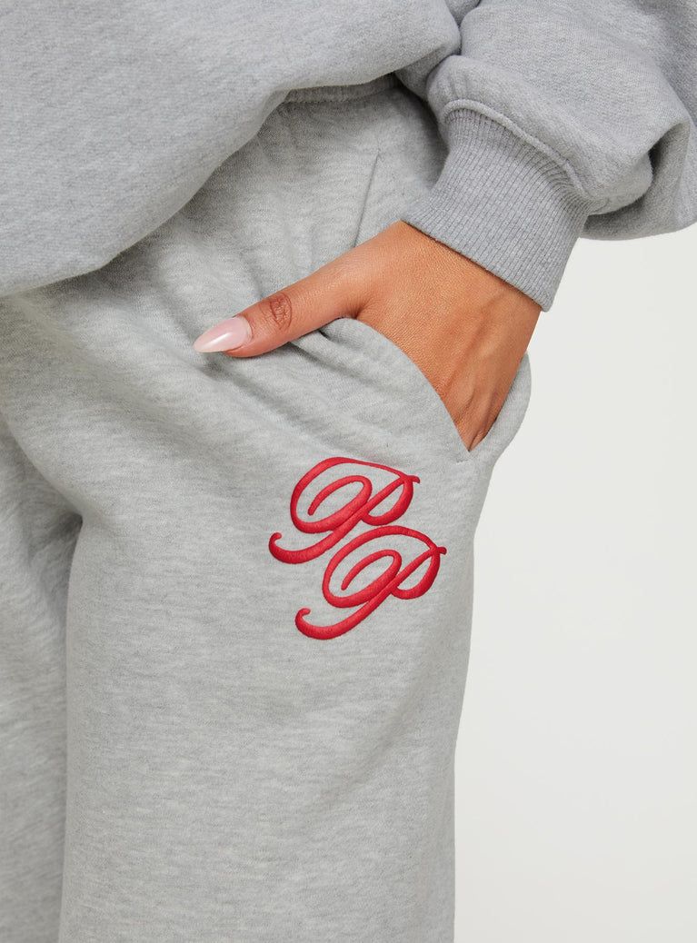 Princess Polly Track Pants Cursive Text Grey Marle/ Red | Princess 