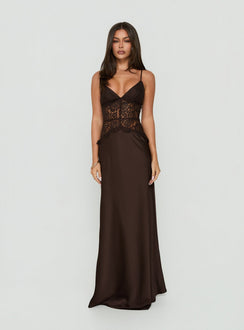 Kylenn Lace Panel Satin Maxi Dress Chocolate