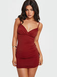 Front view of model wearing  front Princess Polly Asymmetric Neckline  Sampson Mini Dress Burgundy