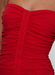 back view of model wearing Princess Polly Besotted Ruched Mini Dress Red Sweetheart Neckline 