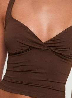 back view of model wearing Princess Polly Wandella Tank Brown Sleeveless Sweetheart 