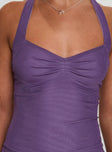 front view of model wearing Princess Polly Clovah Halter Top Purple Sleeveless Sweetheart 