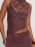 back view of model wearing Princess Polly Vesperine Lace Maxi Dress Cocoa Brown High Neck 