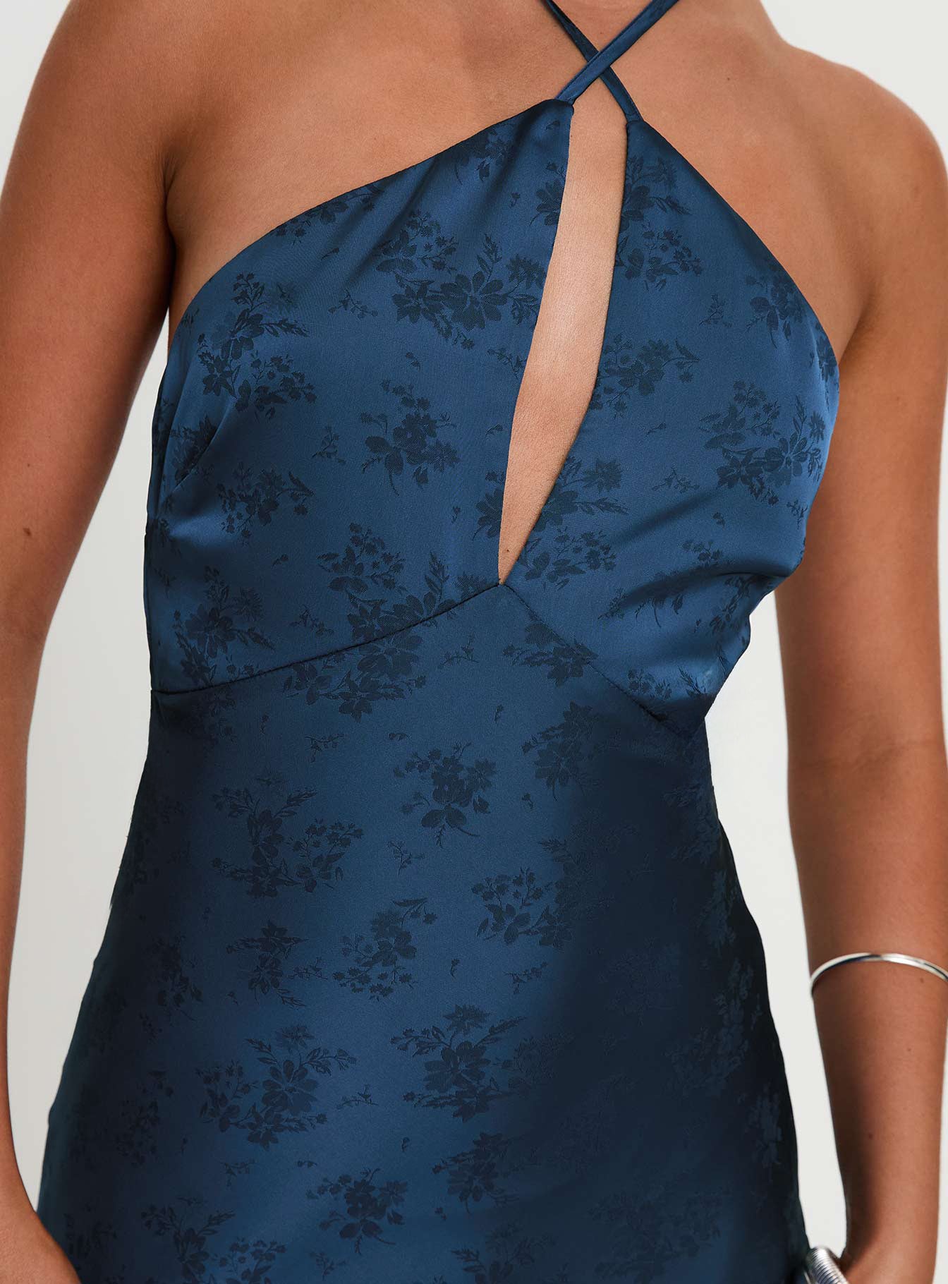 back view of model wearing Princess Polly Limosina Halter Maxi Dress Navy Plunger 