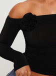 back view of model wearing Princess Polly Simonetta Off The Shoulder Top Black Full Sleeves straight 