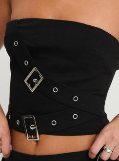 back view of model wearing Princess Polly Haliman Strapless Top Black Sleeveless straight 