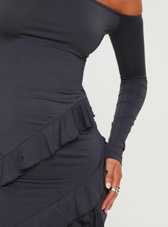 Front view of model wearing  front Princess Polly High Neck  Camaro Mini Dress Grey