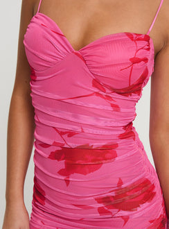 back view of model wearing Princess Polly Stevens Mini Dress Pink Floral Sweetheart Neckline 