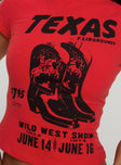 back view of model wearing Princess Polly Texas Baby Tee Red Short Sleeves Crew Neck 