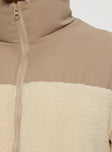 Oversized teddy puffer jacket High neck, twin hip pocket, zip fastening at front