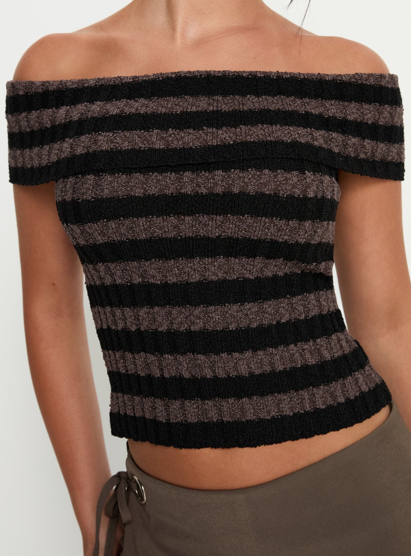 Murmur Off Shoulder Top Brown / Black Stripe