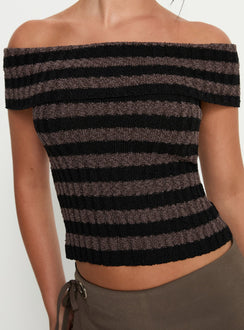 Murmur Off Shoulder Top Brown / Black Stripe