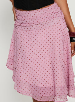 Evanescence Asymmetrical Midi Skirt Pink Polka Dot