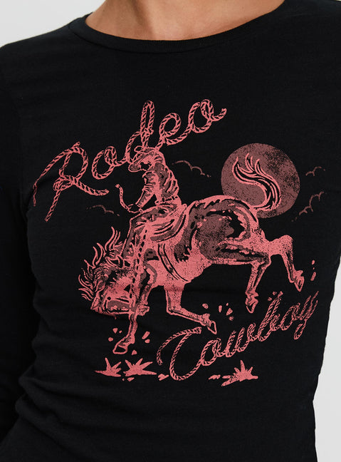back view of model wearing Princess Polly Rodeo Cowboy Long Sleeve Top Washed Wine Full Sleeves Crew Neck 
