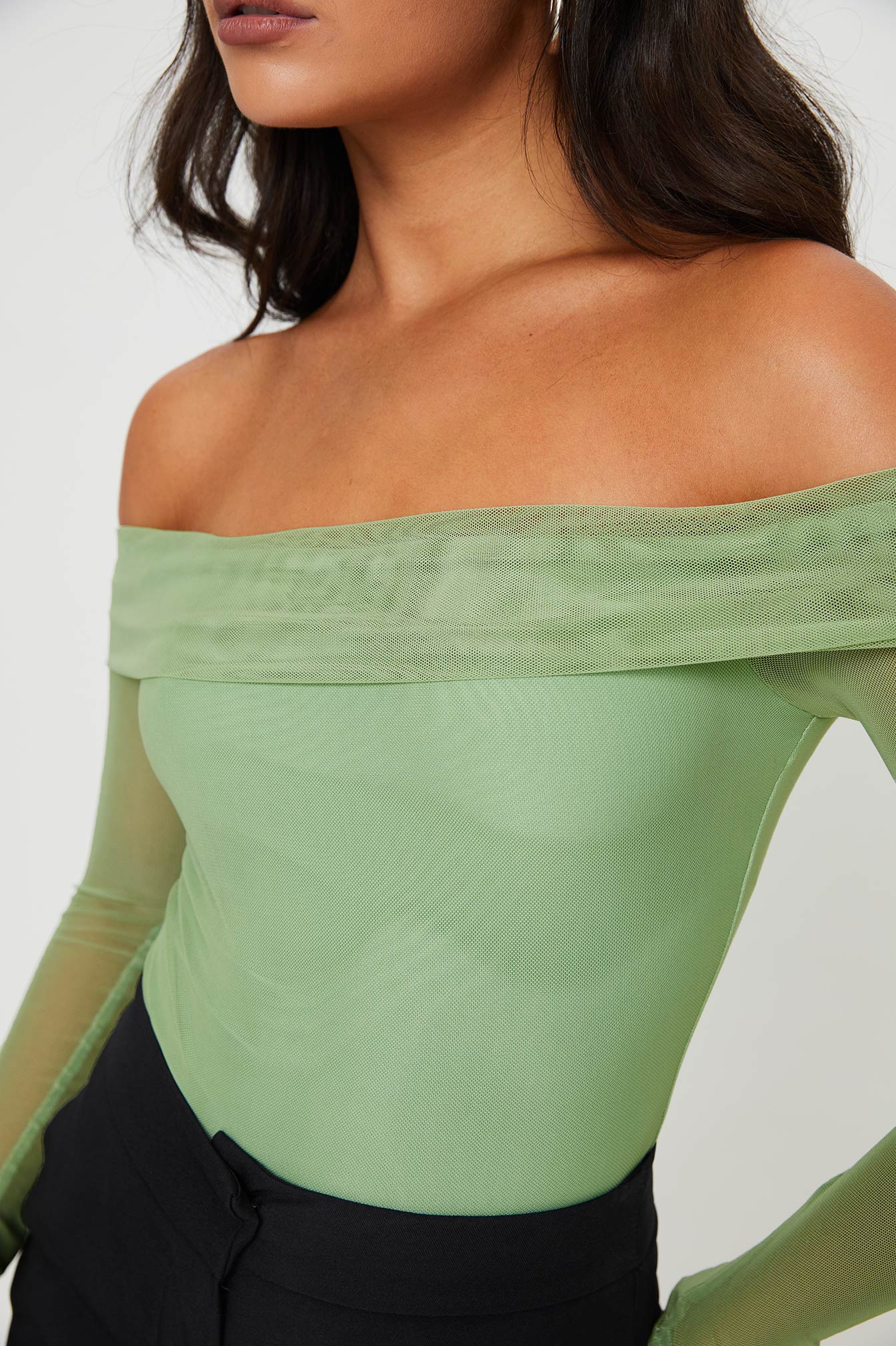 back view of model wearing Princess Polly Doza Off The Shoulder Bodysuit Green Full Sleeves straight 