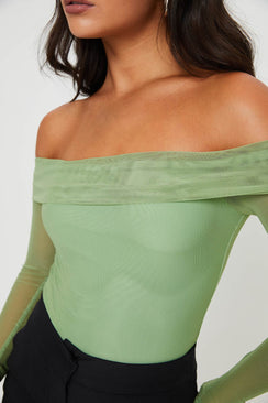 back view of model wearing Princess Polly Doza Off The Shoulder Bodysuit Green Full Sleeves straight 