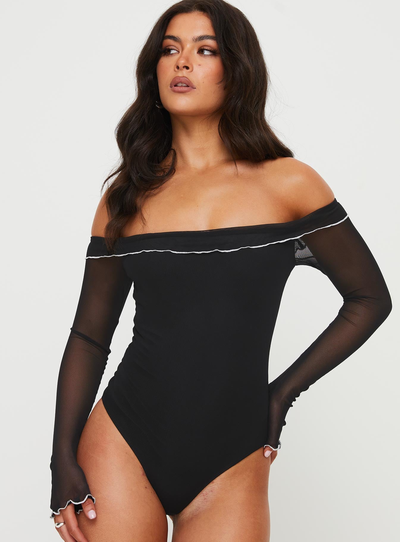 front view of model wearing Princess Polly Arsema Off The Shoulder Bodysuit Black Full Sleeves 