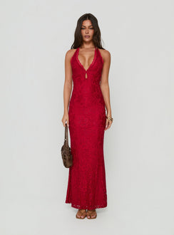 Kalaia Lace Halter Maxi Dress Red