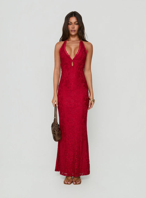 Kalaia Lace Halter Maxi Dress Red