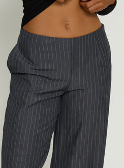 front view of model wearing Princess Polly Khane Low Rise Wide Leg Pant Charcoal Pinstripe Mid Rise Pants 