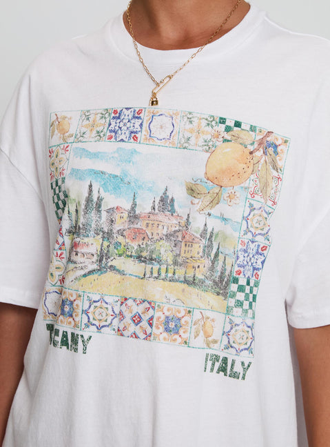 back view of model wearing Princess Polly Love From Tuscany Oversized Graphic Top White Half Sleeves Crew Neck 