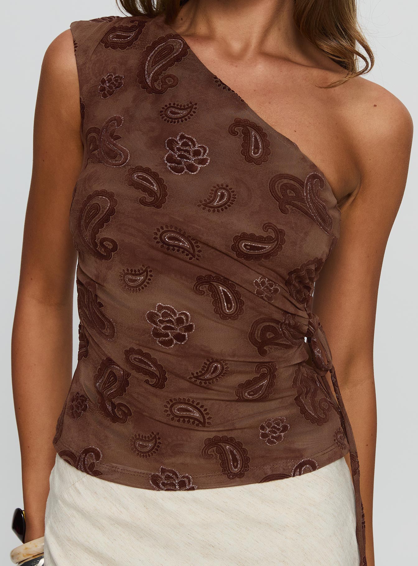 Addysin One Shoulder Top Brown Paisley