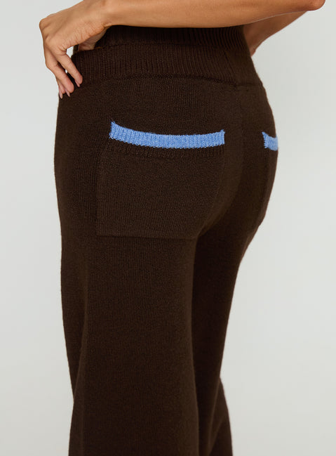 side view of model wearing Princess Polly Bekki Wide Leg Knit Pant Brown High Rise Pants 