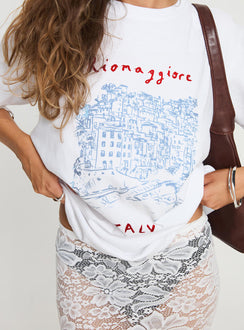 back view of model wearing Princess Polly Riomaggiore Oversized Tee White Half Sleeves Crew Neck 