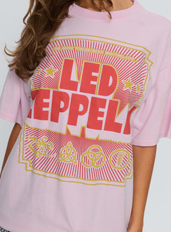 back view of model wearing Princess Polly Led Zeppelin Oversized Vintage Graphic Top Pink Half Sleeves Crew Neck 