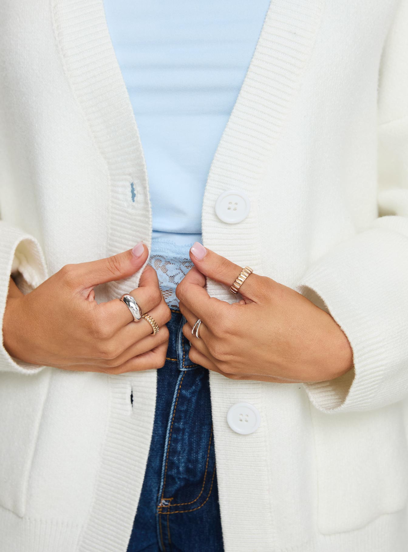 back view of model wearing Princess Polly Burke Cardigan White Long 