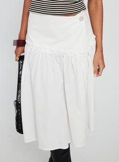   front view of model wearing Princess Polly Jonsie Tiered Frill Midi Skirt White Midi Skirts 