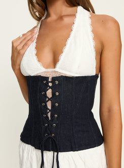 Dreamfields Lace Up Corset Top Dark Denim / White