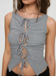 back view of model wearing Princess Polly Bowery Top Grey Sleeveless Crew Neck 